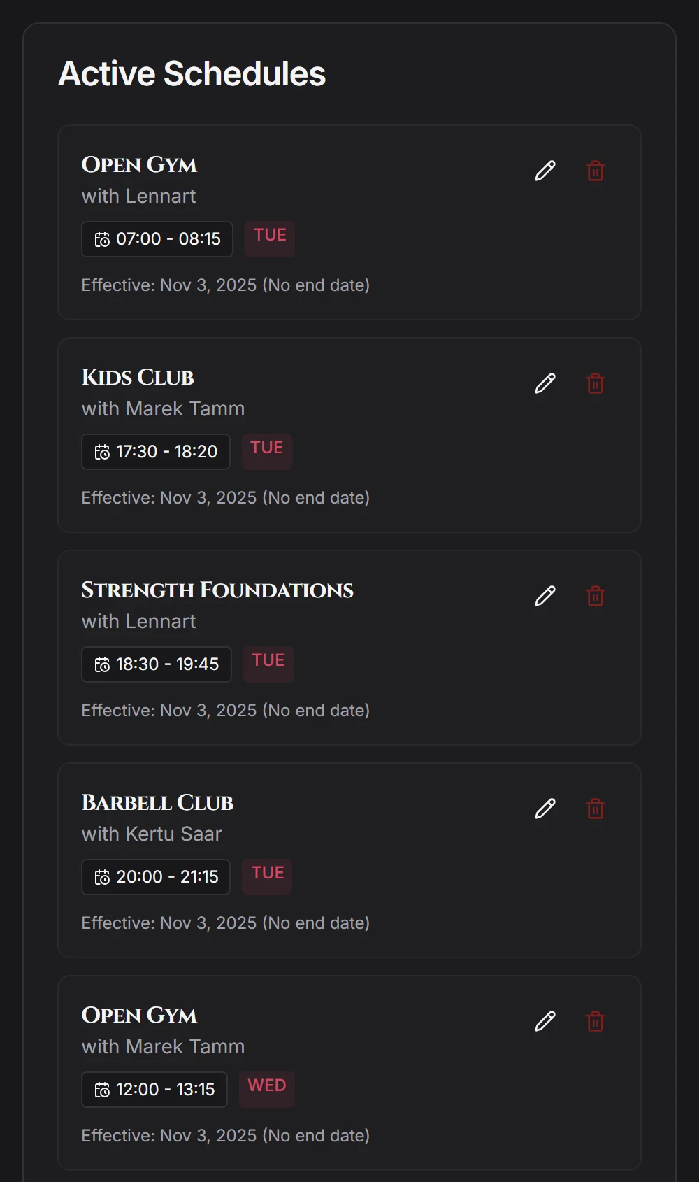Active schedules list showing recurring classes with instructors, times and days
