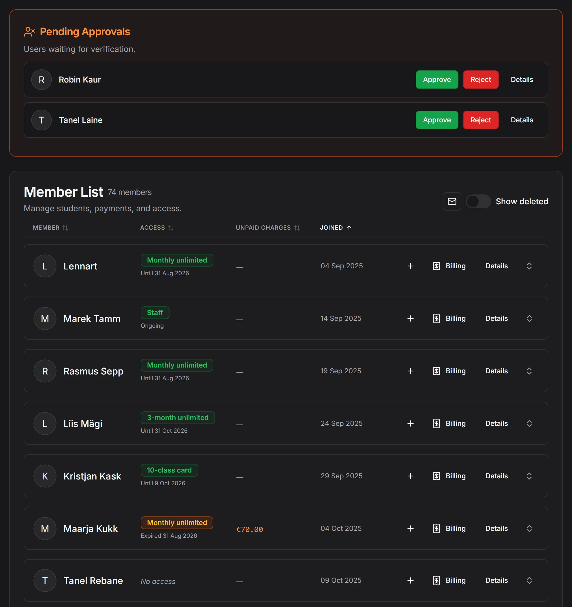 Member list showing pending approvals and members with their membership status