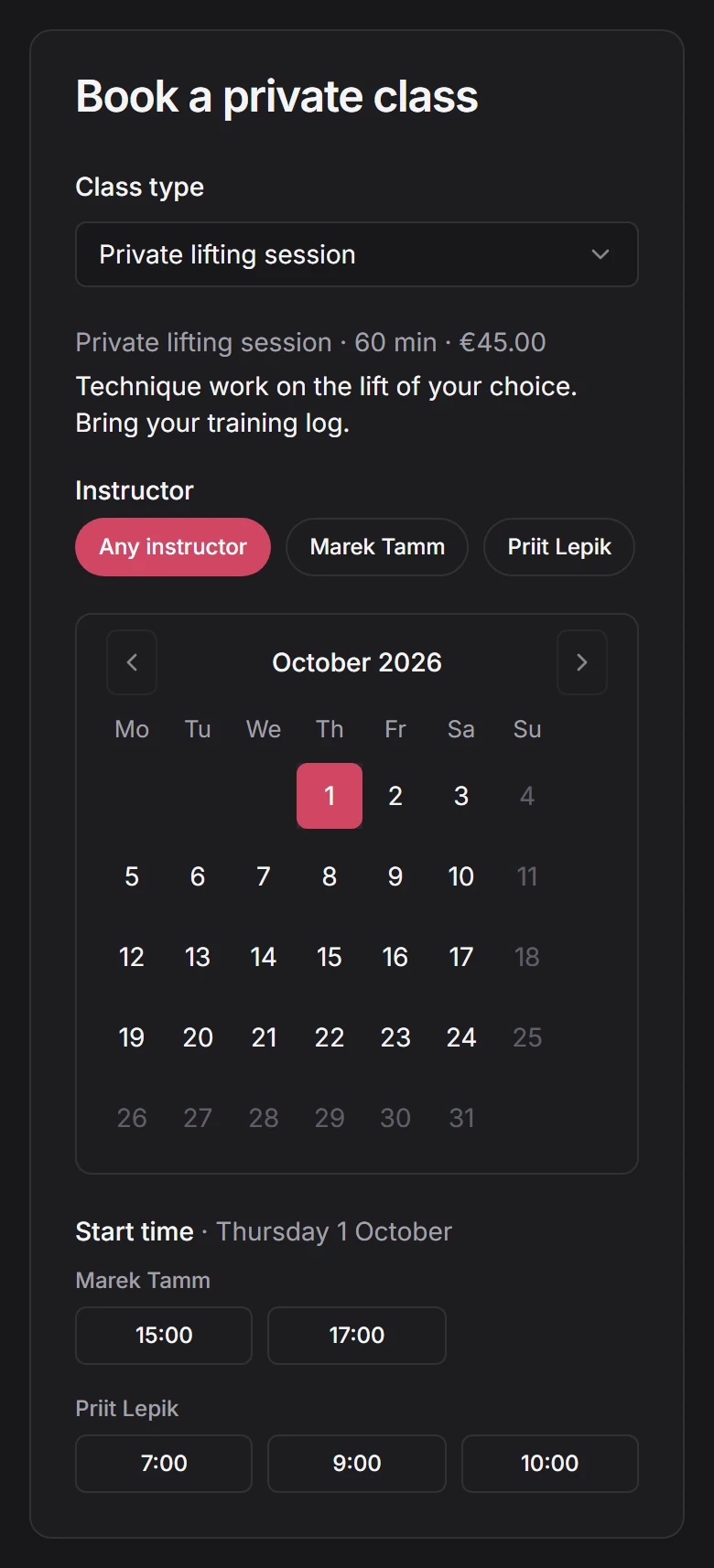 Booking a private lifting session on a phone: class type, instructor choice, a calendar of open days in October and the start times left on Thursday 1 October