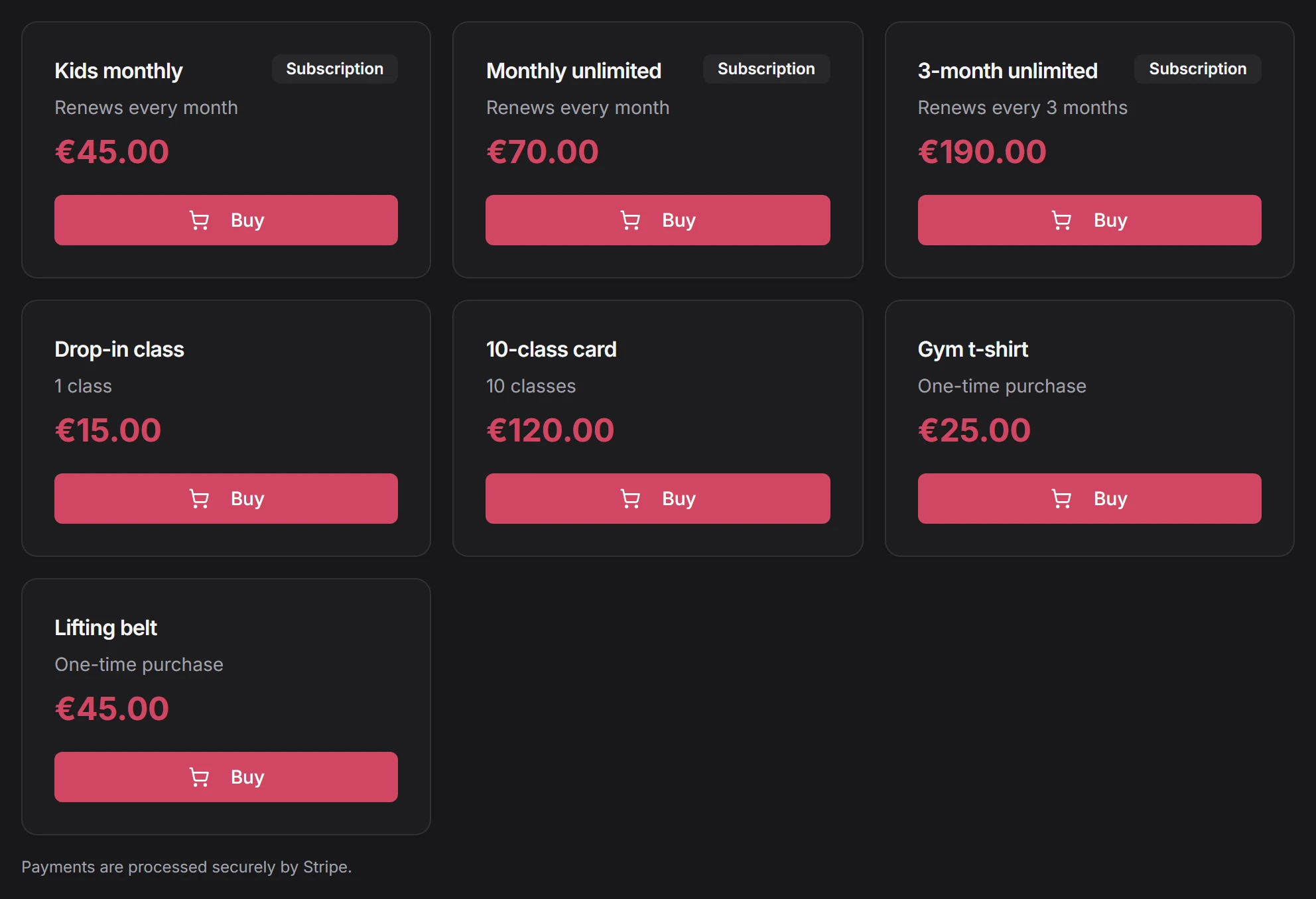 Gym store showing memberships, class cards, drop-ins and merchandise with prices